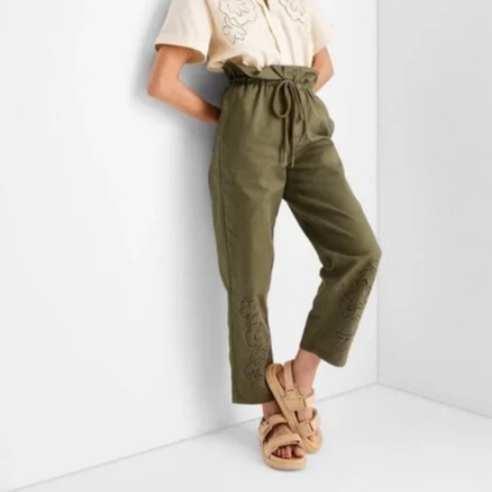 Women's High-Waisted Eyelet Pants - Future Collective™ Olive Green 2 - Picture 1 of 6